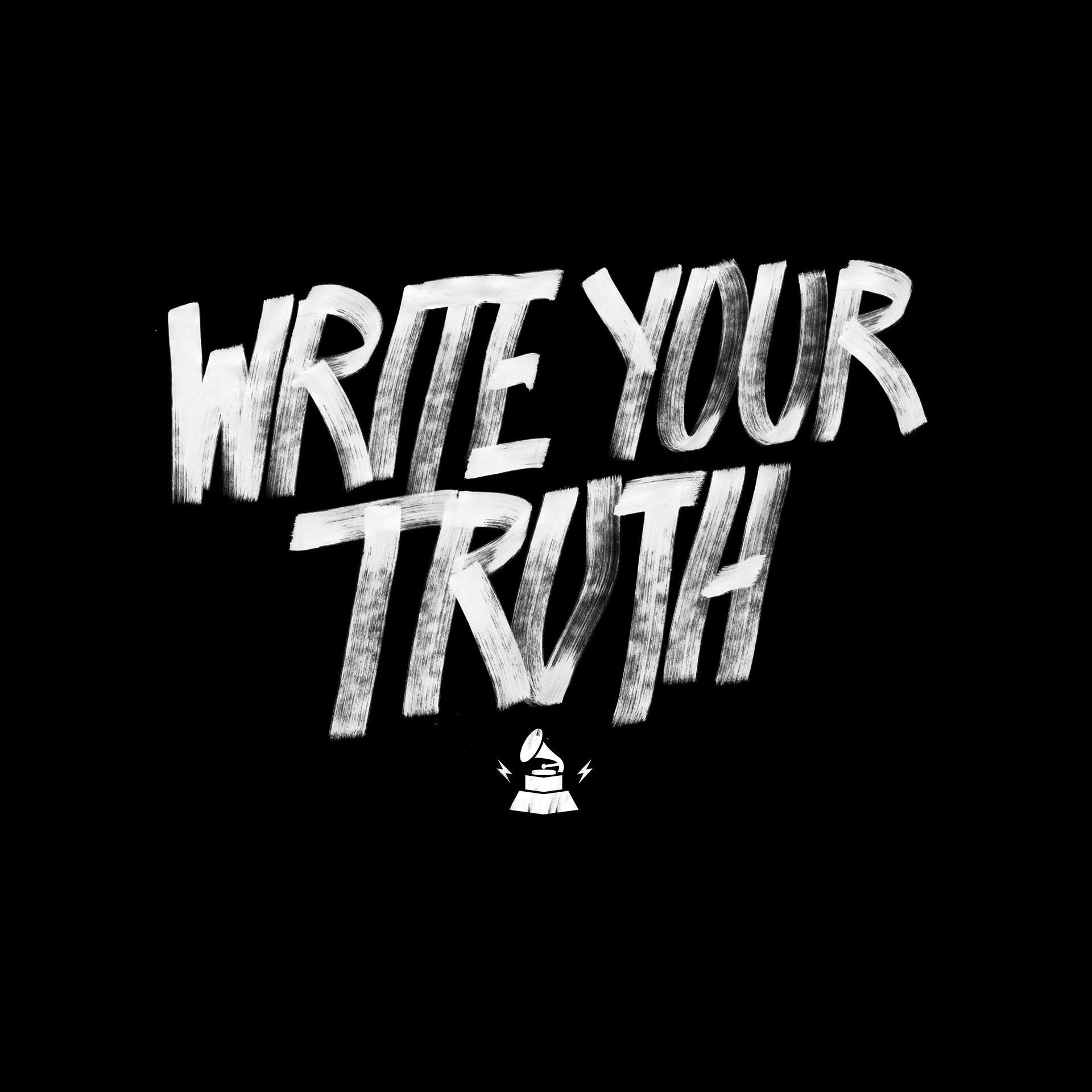 The image features a black background with bold, white, brushstroke text that reads "WRITE YOUR TRUTH." Below the text, there's a small, white icon of a pen nib with rays emanating from it.