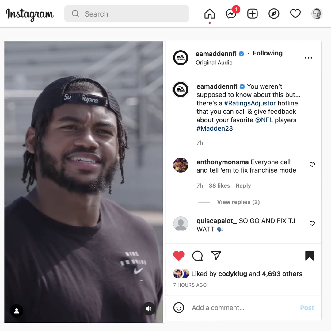 A man in a black Nike t-shirt and black cap stands outdoors, smiling with a thick beard. The Instagram post is from @eamaddennfl and discusses a hotline for feedback on NFL players in Madden 23. Three user comments are visible below, sharing thoughts on gameplay.