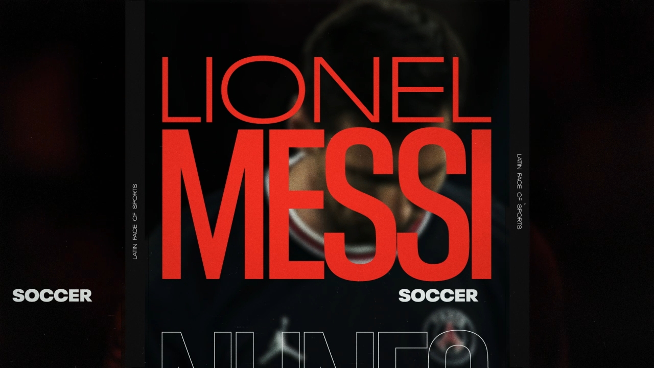 Bold red text reading "Lionel Messi" dominates the image, with smaller white text saying "Soccer" underneath. A blurred background features the figure of a person in a dark sports uniform, but details are obscured. Design elements include various other text and lines.