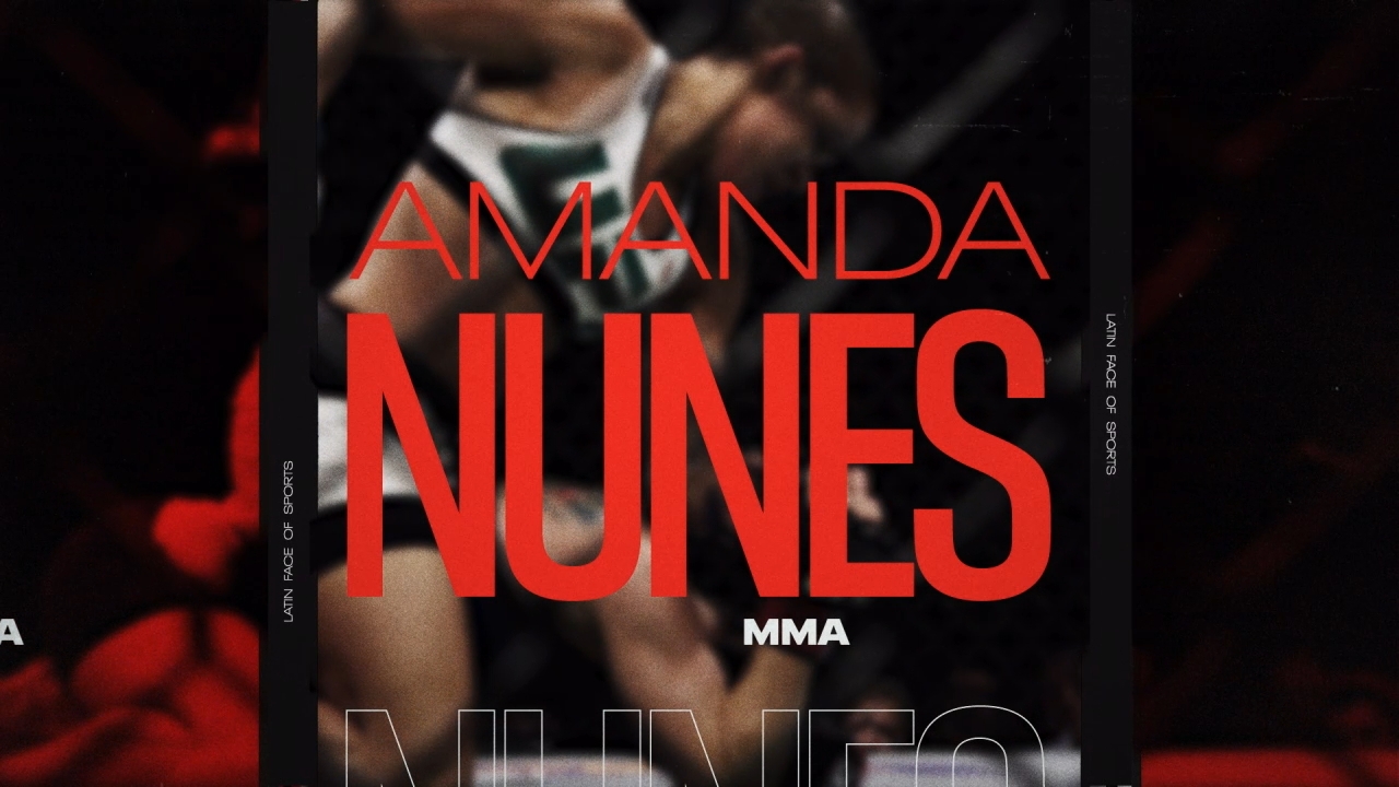 A dynamic image features the name "Amanda Nunes" in bold red text, overlaying a blurred action shot of an MMA fight. The words "MMA," "Latin Rage of Sports," and "Latin Rage Inc." are also present, emphasizing the sports theme and Latin association.