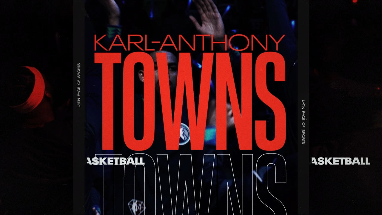 Bold text in vibrant red and white spells "Karl-Anthony Towns" against a dark, energetic background featuring faint outlines of people and raised hands. The words "Basketball Towns" are partially visible at the top and bottom of the image.