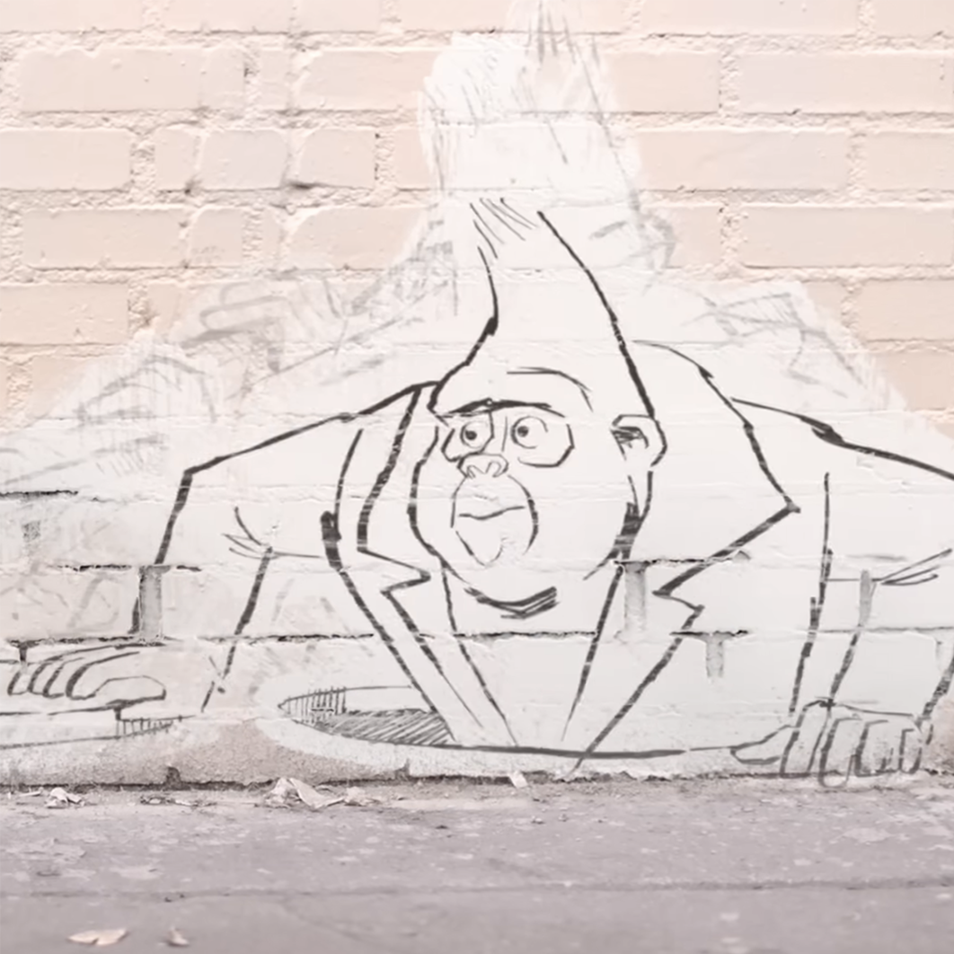 A wall features a black and white drawing of Johnny - the gorilla character from Sing - wearing a suit, appearing to be crawling out of a manhole. The background includes mortared bricks with partial erasure marks, adding depth to the artwork. 