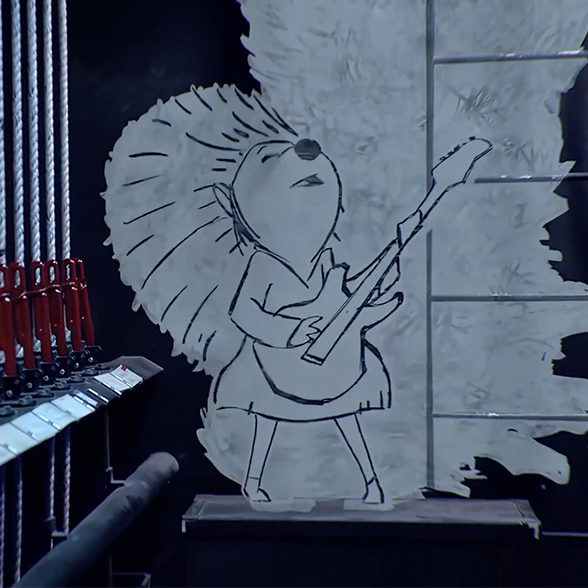 A stylized drawing of Ash - the porcupine character from Sing - holding a guitar, seemingly in the midst of a performance. In the foreground, ropes and red handles suggest a theater backstage setting.