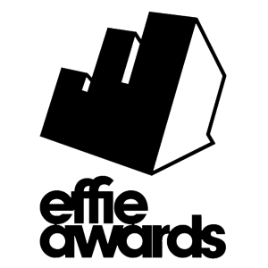 Logo of the Effie Awards featuring a stylized black silhouette of a building block-like trophy above the text "effie awards" in bold black lowercase letters. The logo is on a white background.