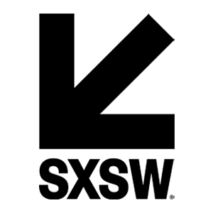 The image shows the SXSW logo, which consists of the letters “SXSW” in bold, black font underneath an abstract black arrow design. The arrow comprises two intersecting thick lines, forming a stylized "L" shape.