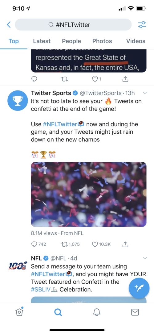 Twitter feed showing printed confetti from NFL