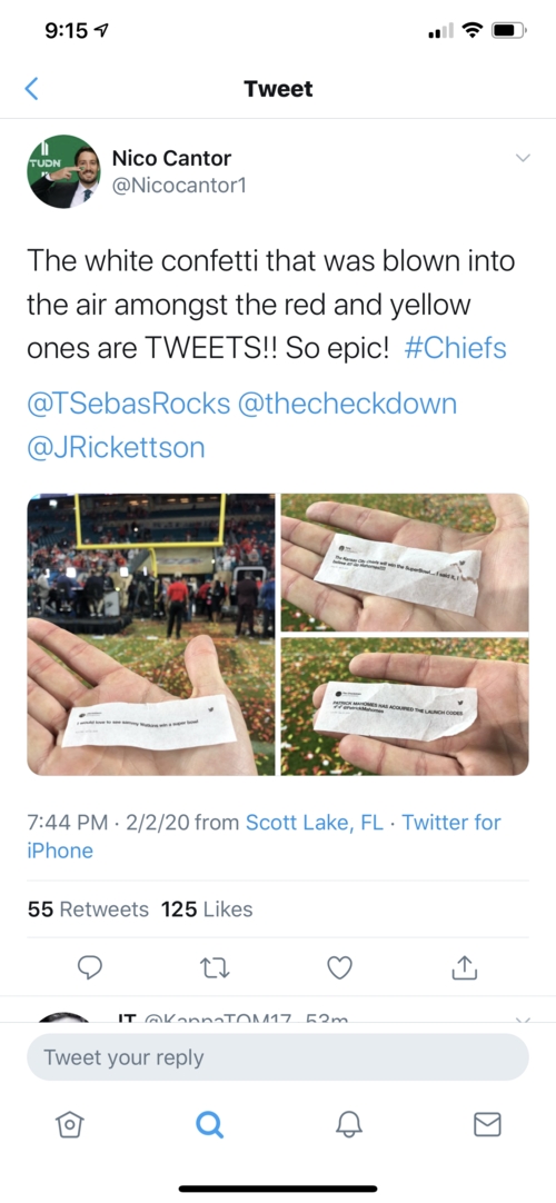 Twitter feed showing printed confetti from NFL