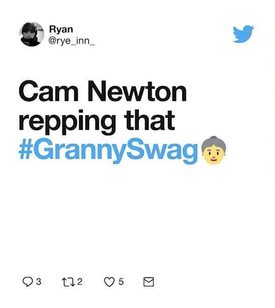 A tweet by user Ryan (@rye_inn_) with the text "Cam Newton repping that #GrannySwag" followed by a grandmother emoji. The tweet has 3 comments, 2 retweets, and 5 likes.